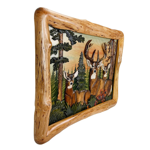 Deer in Woods Intarsia Wood Wall Sculpture, 28.75 x 36 Inch Rustic Brown 3D Deer and Forest Artwork with Live Edge Frame,