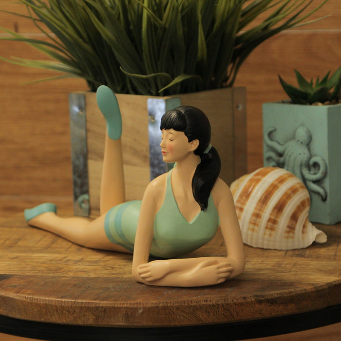 Demure Brunette Retro Bathing Beauty Figurine – Vintage Coastal Charm in Sage Green / Blue Striped Swimsuit, Hand-Painted