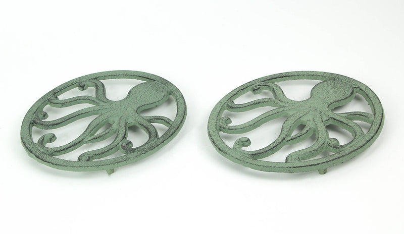 Distressed Coastal Cast Iron Octopus Sea Foam Green Trivet Set of 2 Image 2