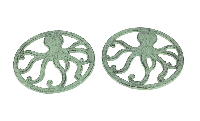 Distressed Coastal Cast Iron Octopus Sea Foam Green Trivet Set of 2 Image 1