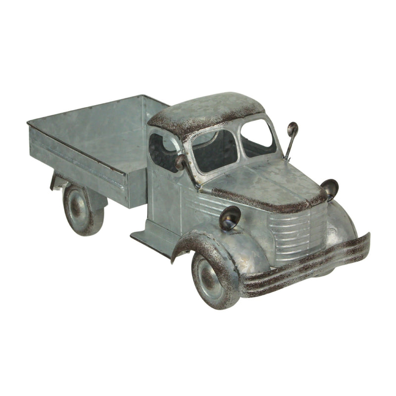 Distressed Galvanized Silver Vintage Truck Metal Planter – Rustic Decor for Indoor & Outdoor Use, 14” Farmhouse-Inspired