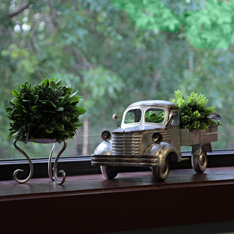 Distressed Galvanized Silver Vintage Truck Metal Planter – Rustic Decor for Indoor & Outdoor Use, 14” Farmhouse-Inspired