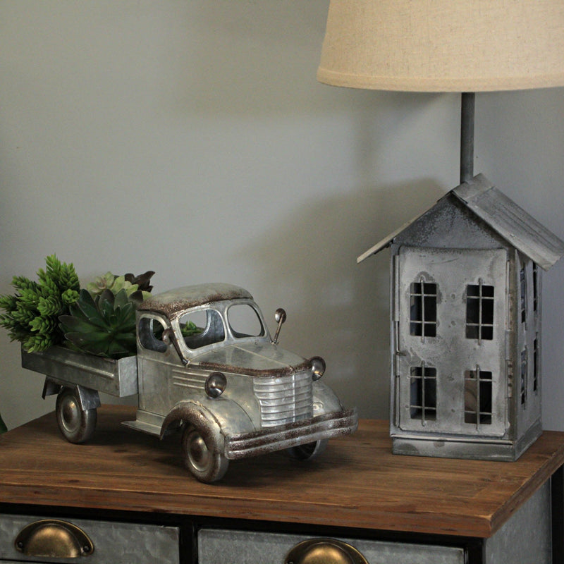 Distressed Galvanized Silver Vintage Truck Metal Planter – Rustic Decor for Indoor & Outdoor Use, 14” Farmhouse-Inspired