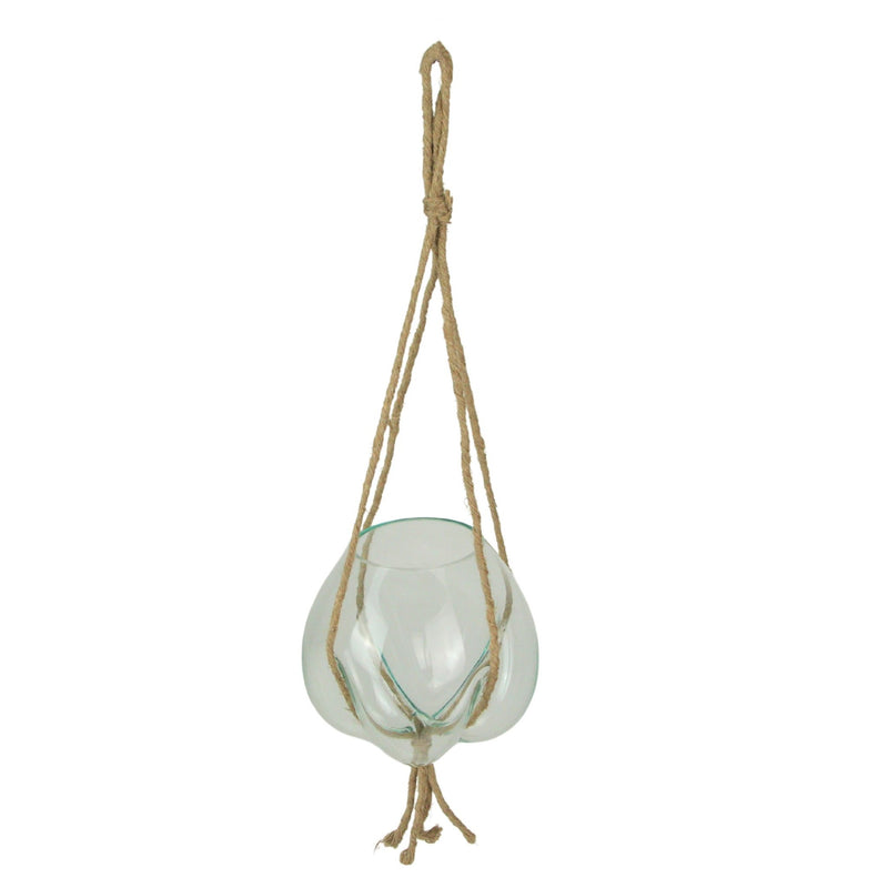 Elegant Hanging Molten Glass Bowl Planter Terrarium, Handcrafted, 9 x 9 Inch, 25 Inch Hanging Height, Ideal for Succulents &