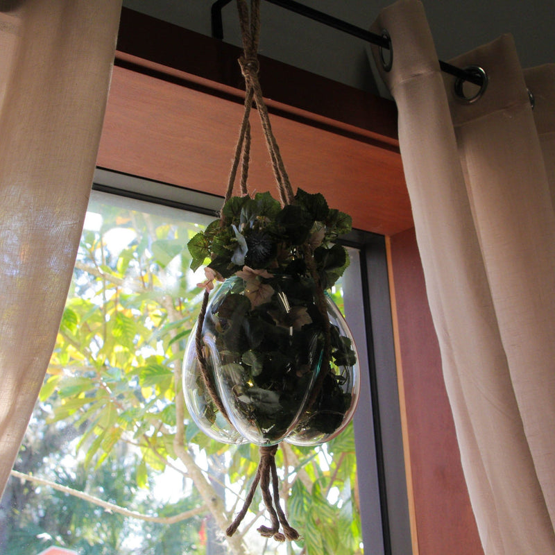 Elegant Hanging Molten Glass Bowl Planter Terrarium, Handcrafted, 9 x 9 Inch, 25 Inch Hanging Height, Ideal for Succulents &