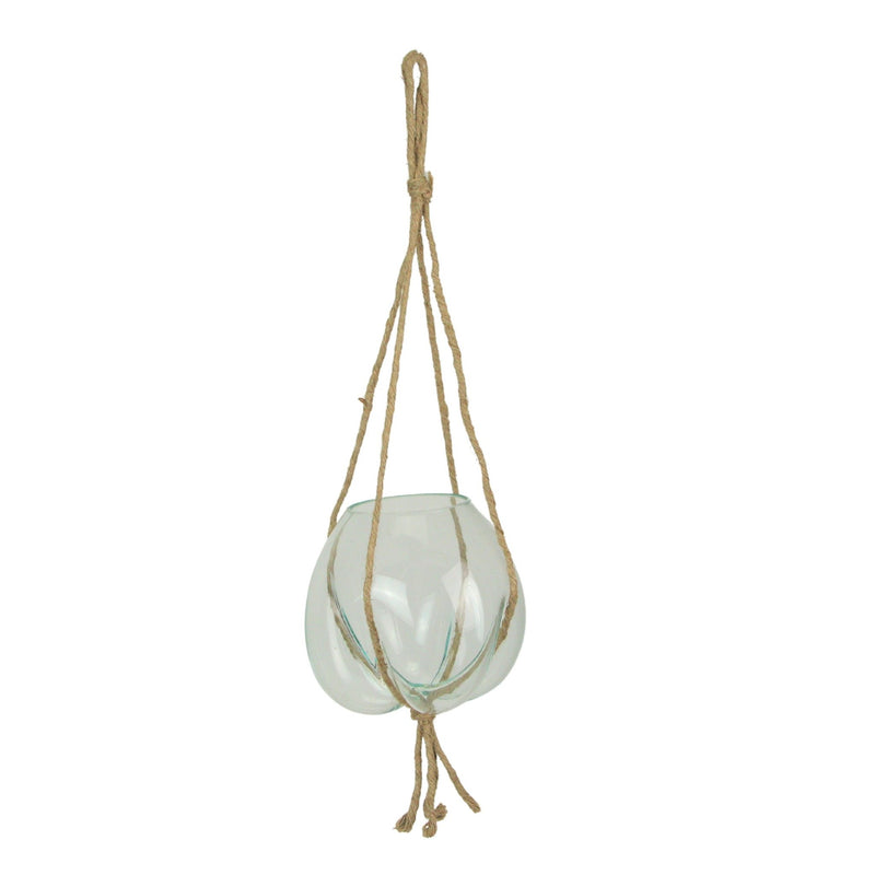 Elegant Hanging Molten Glass Bowl Planter Terrarium, Handcrafted, 9 x 9 Inch, 25 Inch Hanging Height, Ideal for Succulents &