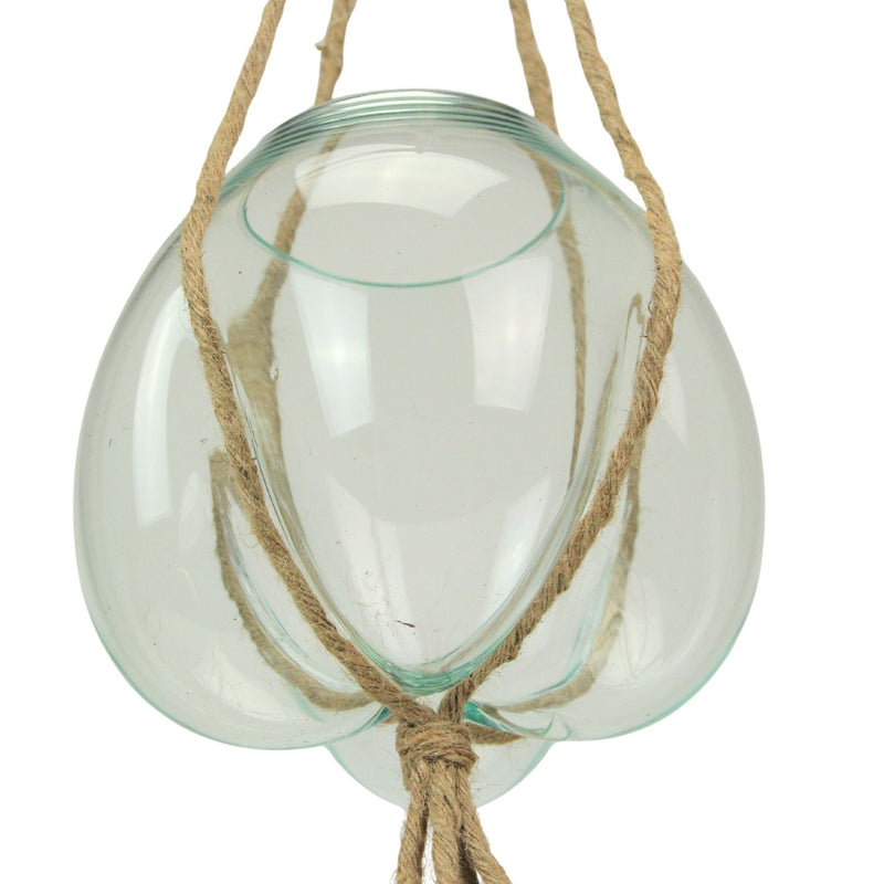 Elegant Hanging Molten Glass Bowl Planter Terrarium, Handcrafted, 9 x 9 Inch, 25 Inch Hanging Height, Ideal for Succulents &