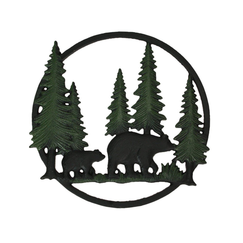 Multicolored - Image 1 - Cast Iron Black Bears in Forest Indoor / Outdoor Decorative Wall Hanging 12 Inches in Diameter -
