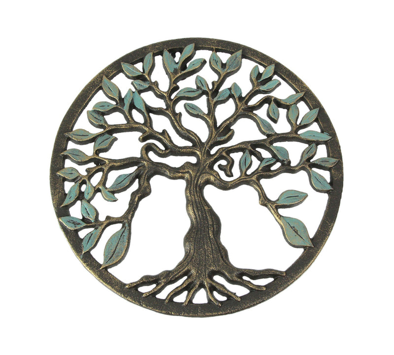 Bronze - Image 1 - Bronze and Green Finish Cast Iron Tree Of Life Wall Hanging Décor Sculpture 11.75 Inch Diameter - Elegant