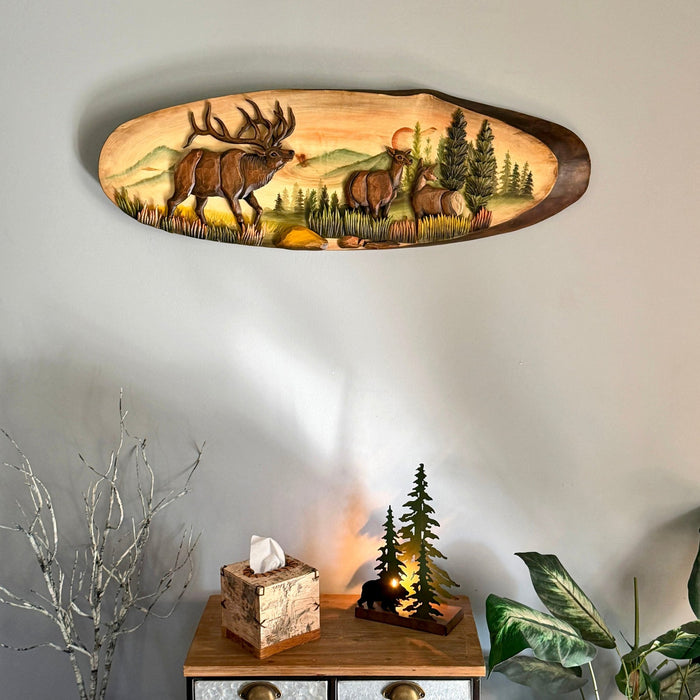 Elk Family Intarsia Wood Wall Sculpture, 13 x 40 Inch Hand Carved Rustic Live Edge Oval Wildlife Art, Brown Glossy Indoor
