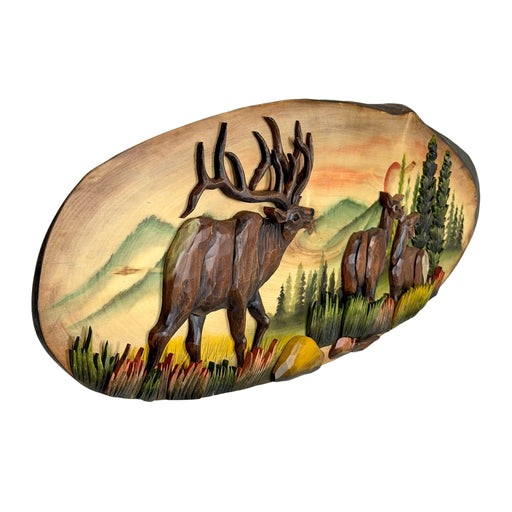 Elk Family Intarsia Wood Wall Sculpture, 13 x 40 Inch Hand Carved Rustic Live Edge Oval Wildlife Art, Brown Glossy Indoor