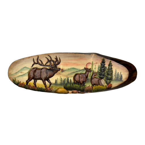 Elk Family Intarsia Wood Wall Sculpture, 13 x 40 Inch Hand Carved Rustic Live Edge Oval Wildlife Art, Brown Glossy Indoor