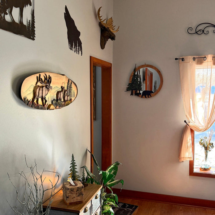 Elk Family Intarsia Wood Wall Sculpture, 13 x 40 Inch Hand Carved Rustic Live Edge Oval Wildlife Art, Brown Glossy Indoor