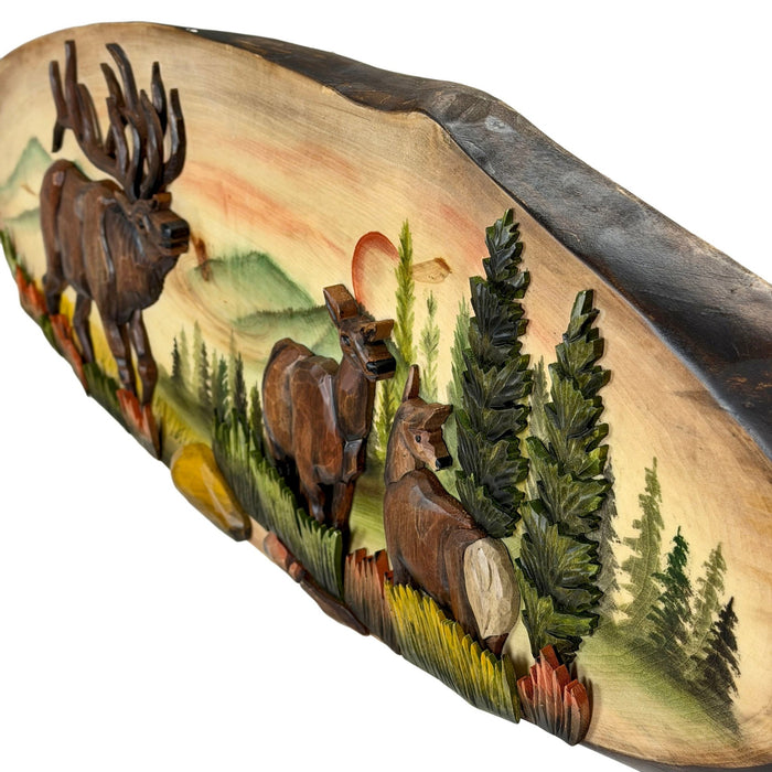 Elk Family Intarsia Wood Wall Sculpture, 13 x 40 Inch Hand Carved Rustic Live Edge Oval Wildlife Art, Brown Glossy Indoor