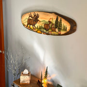Elk Family Intarsia Wood Wall Sculpture, 13 x 40 Inch Hand Carved Rustic Live Edge Oval Wildlife Art, Brown Glossy Indoor