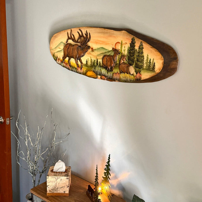 Elk Family Intarsia Wood Wall Sculpture, 13 x 40 Inch Hand Carved Rustic Live Edge Oval Wildlife Art, Brown Glossy Indoor
