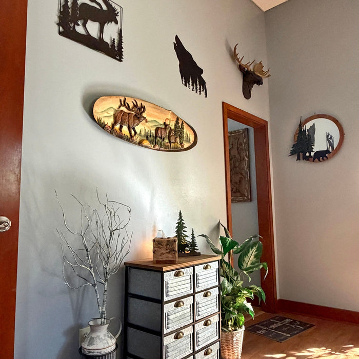 Elk Family Intarsia Wood Wall Sculpture, 13 x 40 Inch Hand Carved Rustic Live Edge Oval Wildlife Art, Brown Glossy Indoor