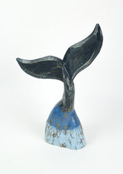 Exquisite Coastal Blue Carved Wooden Whale Tail Sculpture - 16-Inch High Tabletop Statue Ideal for Nautical Home Decor, Beach