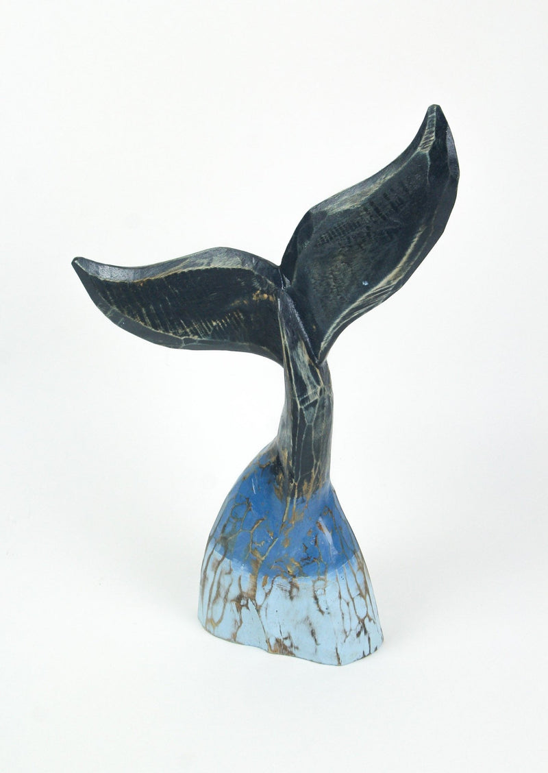 Exquisite Coastal Blue Carved Wooden Whale Tail Sculpture - 16-Inch High Tabletop Statue Ideal for Nautical Home Decor, Beach