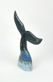Exquisite Coastal Blue Carved Wooden Whale Tail Sculpture - 16-Inch High Tabletop Statue Ideal for Nautical Home Decor, Beach