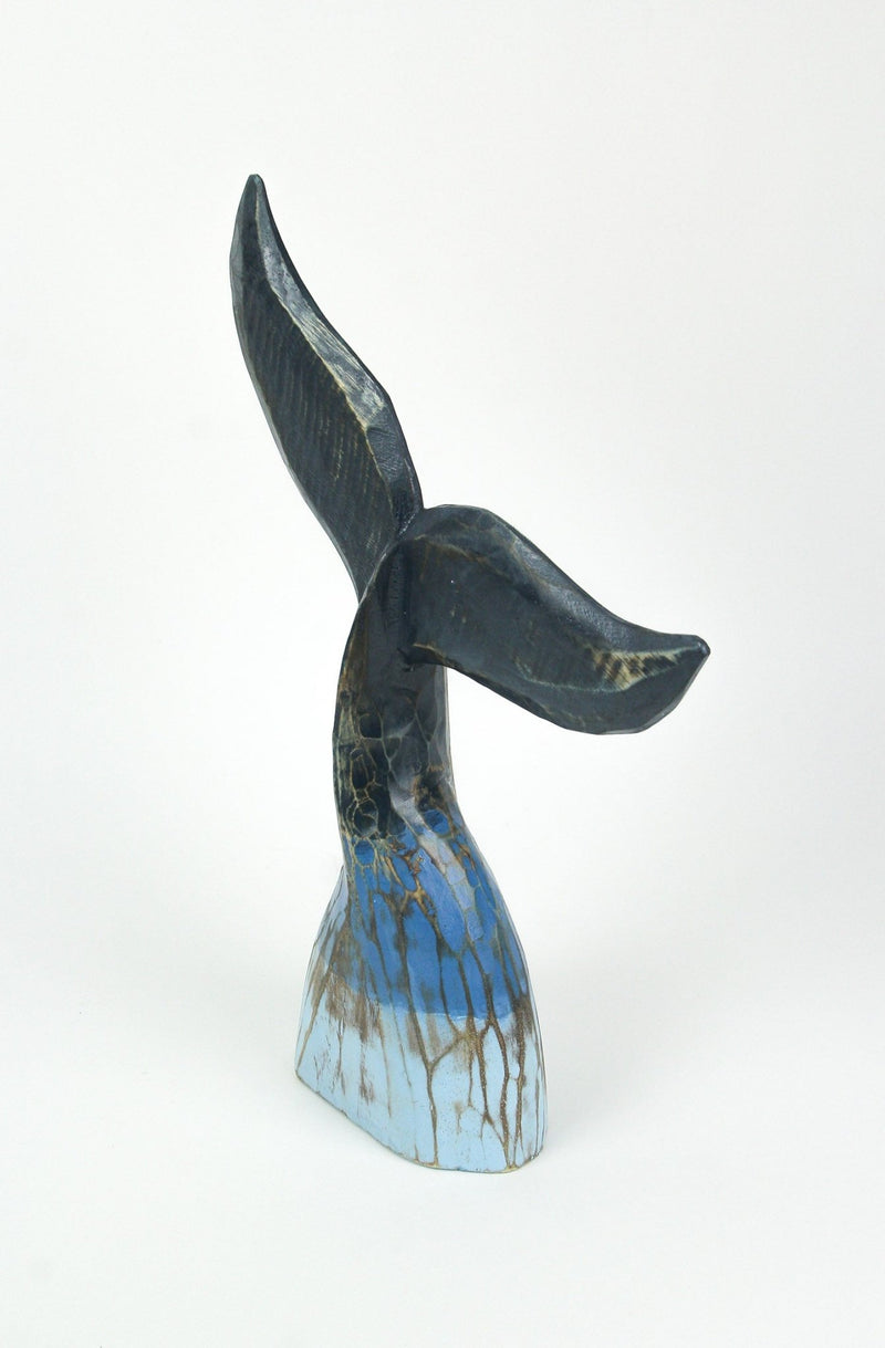 Exquisite Coastal Blue Carved Wooden Whale Tail Sculpture - 16-Inch High Tabletop Statue Ideal for Nautical Home Decor, Beach