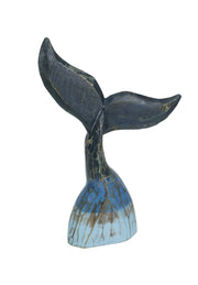 Exquisite Coastal Blue Carved Wooden Whale Tail Sculpture - 16-Inch High Tabletop Statue Ideal for Nautical Home Decor, Beach