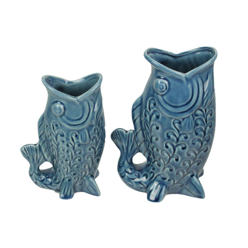 Blue - Image 1 - Zeckos Ceramic Decorative Vases Set of 2, Coastal Fish Design with Glossy Blue Finish, 6.75 X 7 X 2.75 in