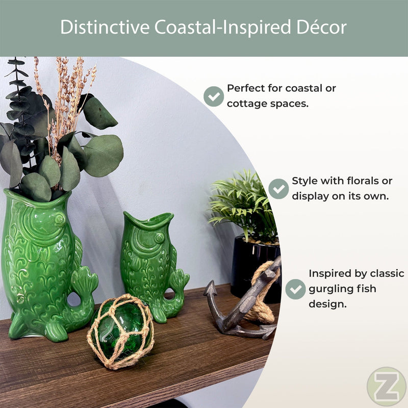 Green - Image 4 - Zeckos Porcelain Decorative Vases Set of 2 in Glossy Green Gurgling Fish Style, 8 X 5.5 X 3.75 in Overall,
