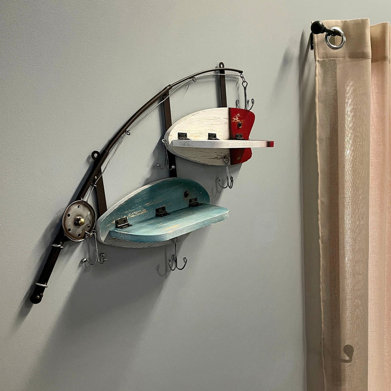 Fishing Pole Wall Shelf with Two Wood Lure Shelves, Zeckos 24 Inch Rustic Metal & Wood Wall Decor, Lake House, Coastal, or