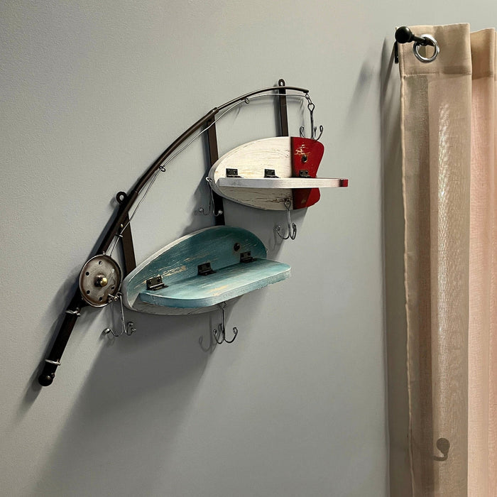 Fishing Pole Wall Shelf with Two Wood Lure Shelves, Zeckos 24 Inch Rustic Metal & Wood Wall Decor, Lake House, Coastal, or