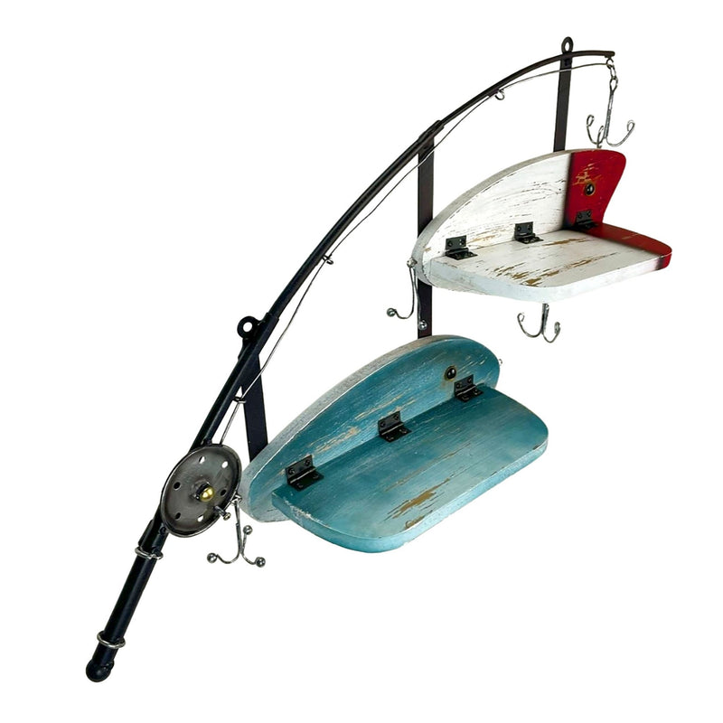 Fishing Pole Wall Shelf with Two Wood Lure Shelves, Zeckos 24 Inch Rustic Metal & Wood Wall Decor, Lake House, Coastal, or