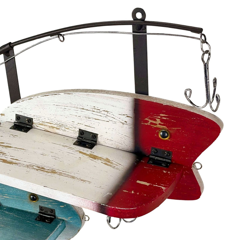 Fishing Pole Wall Shelf with Two Wood Lure Shelves, Zeckos 24 Inch Rustic Metal & Wood Wall Decor, Lake House, Coastal, or