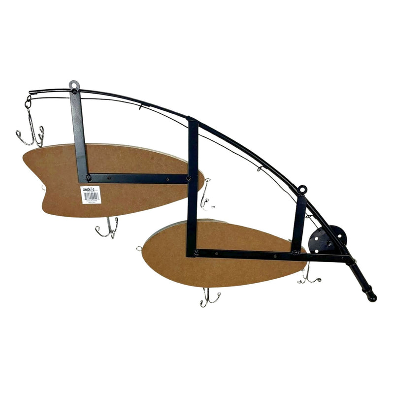 Fishing Pole Wall Shelf with Two Wood Lure Shelves, Zeckos 24 Inch Rustic Metal & Wood Wall Decor, Lake House, Coastal, or