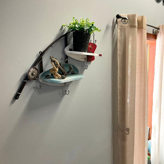 Fishing Pole Wall Shelf with Two Wood Lure Shelves, Zeckos 24 Inch Rustic Metal & Wood Wall Decor, Lake House, Coastal, or