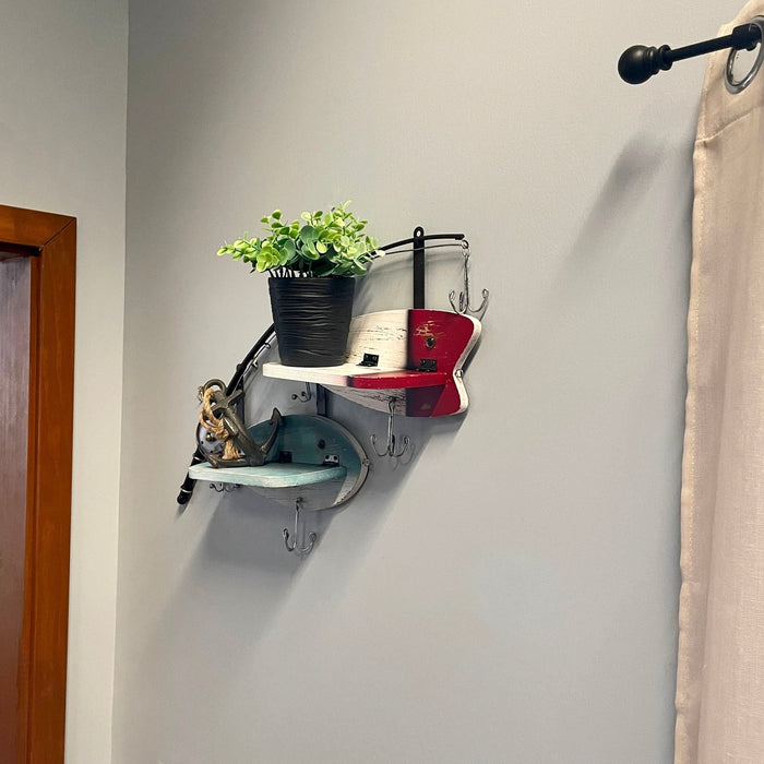 Fishing Pole Wall Shelf with Two Wood Lure Shelves, Zeckos 24 Inch Rustic Metal & Wood Wall Decor, Lake House, Coastal, or