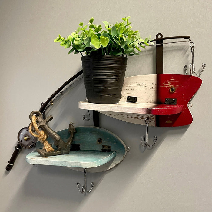 Fishing Pole Wall Shelf with Two Wood Lure Shelves, Zeckos 24 Inch Rustic Metal & Wood Wall Decor, Lake House, Coastal, or