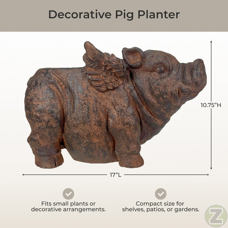 Whimsical Flying Pig Planter with Drain Hole – 17 Inch Brown Magnesium Oxide Animal Planter for Succulents, Flowers, Indoor