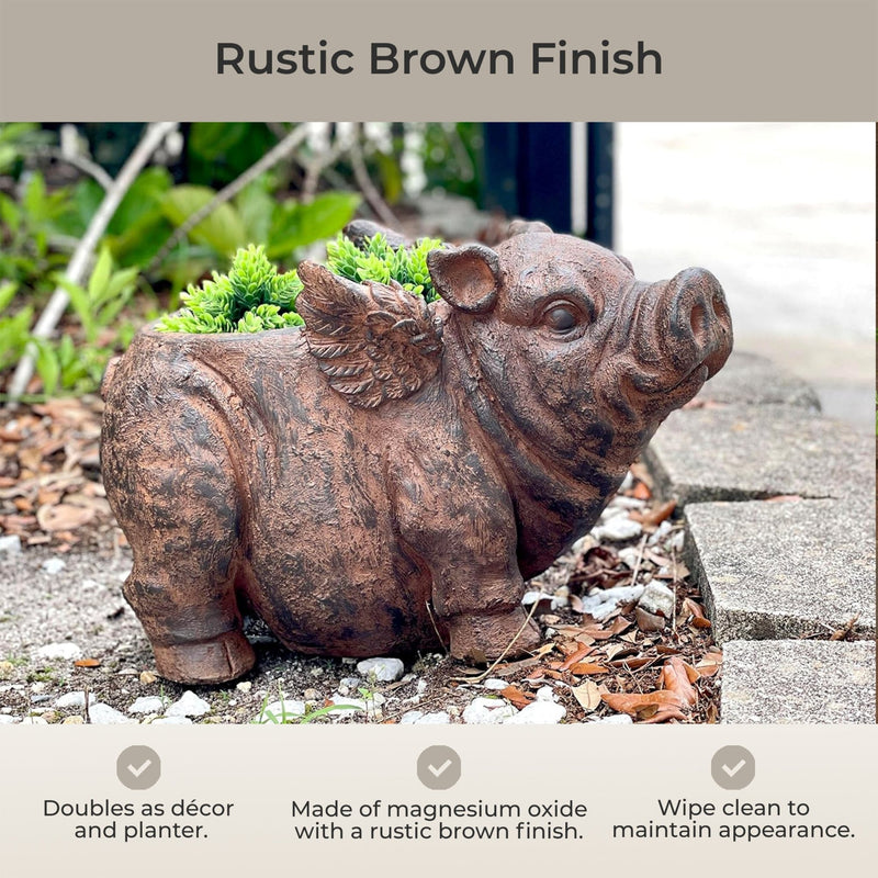 Whimsical Flying Pig Planter with Drain Hole – 17 Inch Brown Magnesium Oxide Animal Planter for Succulents, Flowers, Indoor