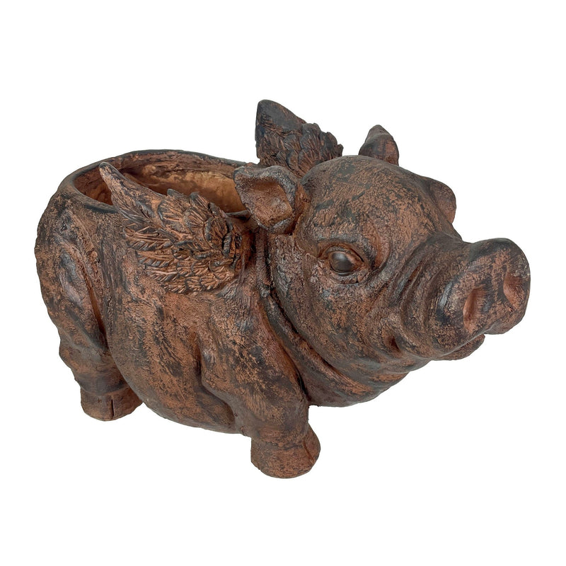 Whimsical Flying Pig Planter with Drain Hole – 17 Inch Brown Magnesium Oxide Animal Planter for Succulents, Flowers, Indoor