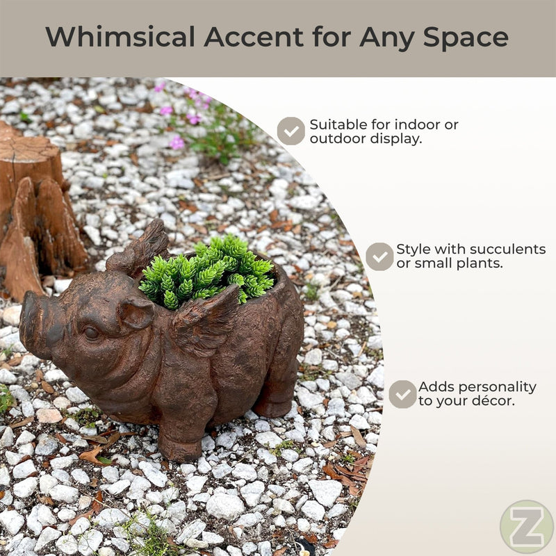 Whimsical Flying Pig Planter with Drain Hole – 17 Inch Brown Magnesium Oxide Animal Planter for Succulents, Flowers, Indoor