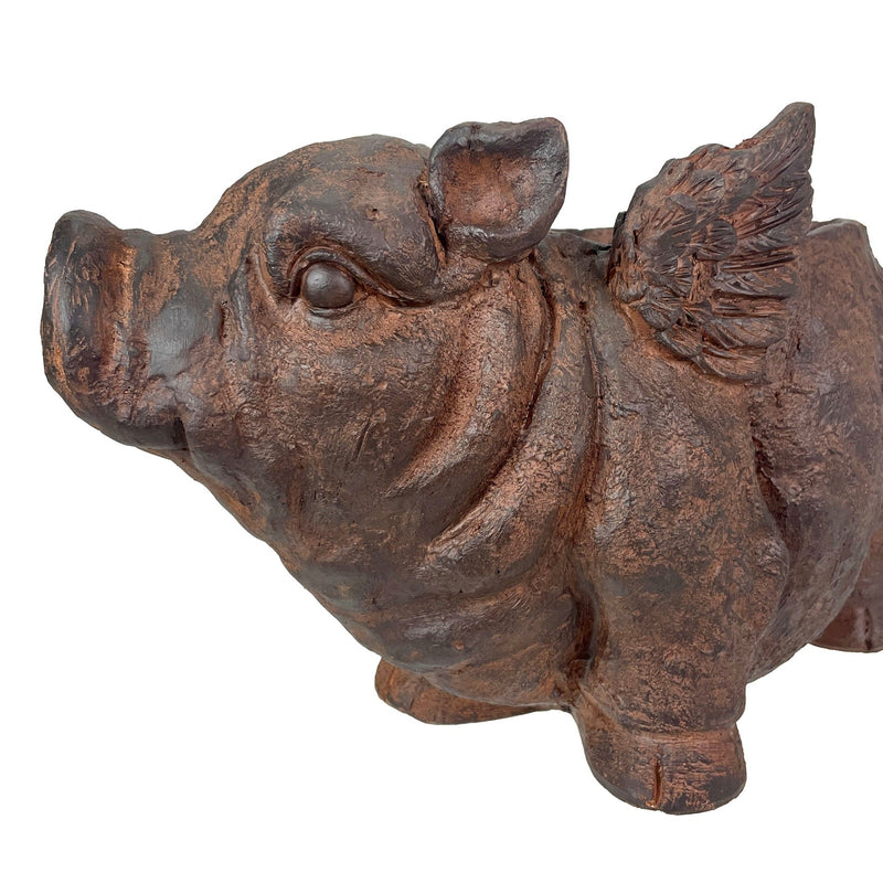 Whimsical Flying Pig Planter with Drain Hole – 17 Inch Brown Magnesium Oxide Animal Planter for Succulents, Flowers, Indoor