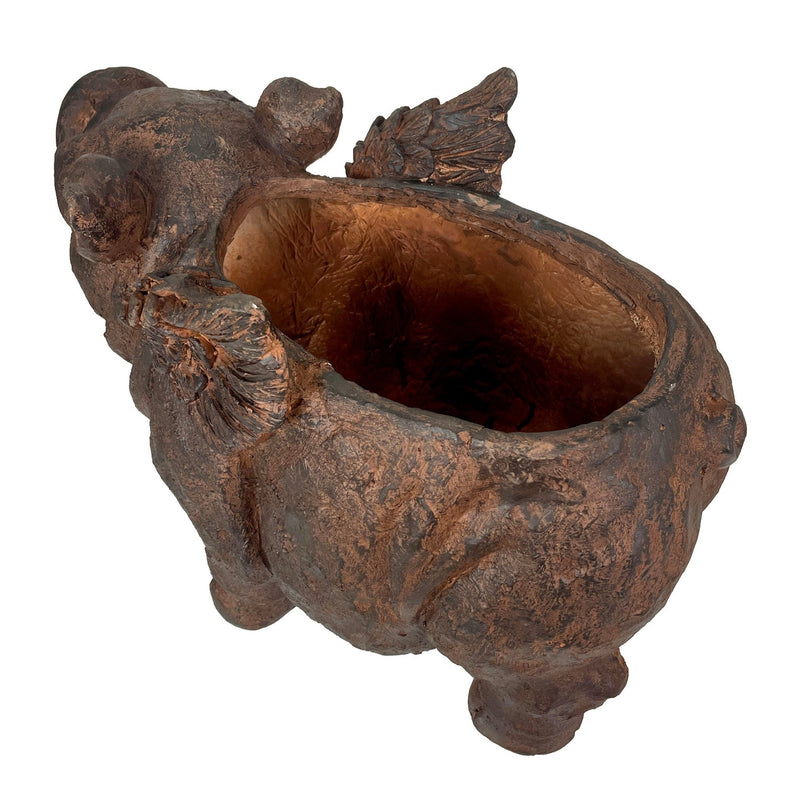 Whimsical Flying Pig Planter with Drain Hole – 17 Inch Brown Magnesium Oxide Animal Planter for Succulents, Flowers, Indoor