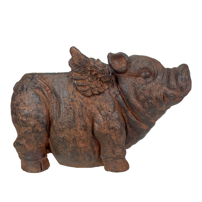 Whimsical Flying Pig Planter with Drain Hole – 17 Inch Brown Magnesium Oxide Animal Planter for Succulents, Flowers, Indoor