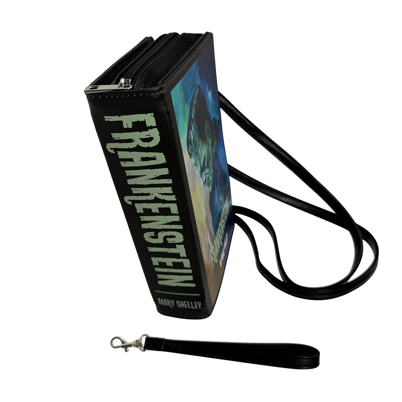 Things2die4 Frankenstein Book Clutch Bag, Black Vinyl Cross Body Bag with Detachable Shoulder Strap and Wrist Strap, Gothic