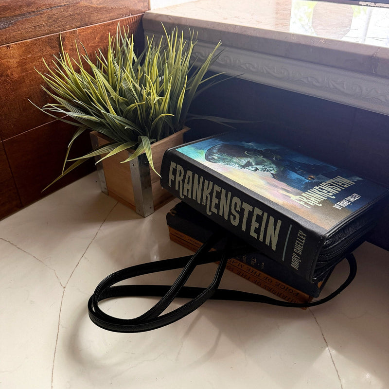 Things2die4 Frankenstein Book Clutch Bag, Black Vinyl Cross Body Bag with Detachable Shoulder Strap and Wrist Strap, Gothic