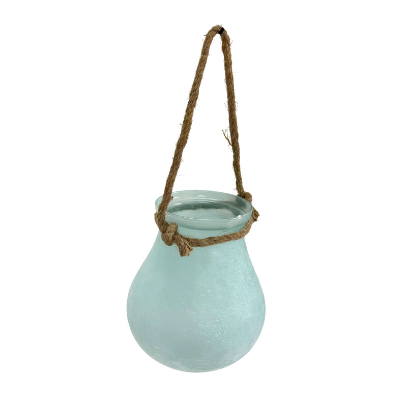 Blue - Image 2 - India House Decorative Candle Lantern, Frosted Blue Glass Hanging Lantern with Rope Handle, 15 Inches Tall X