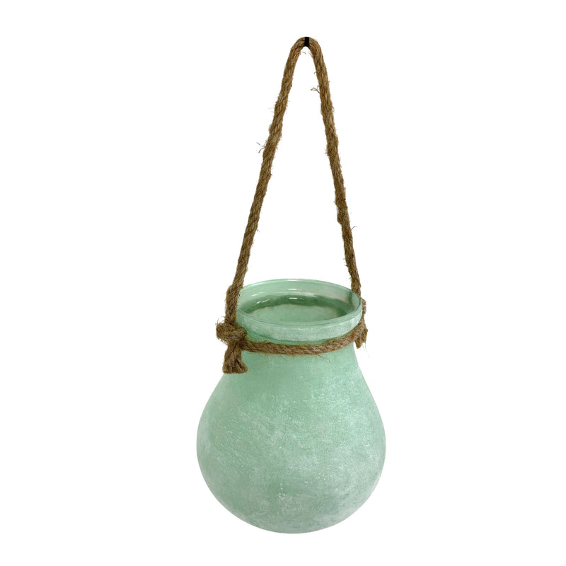 Green - Image 2 - India House Hanging Glass Lantern Decorative Vase, Frosted Green Bulb-Shaped Glass with Rope Handle, 15.75