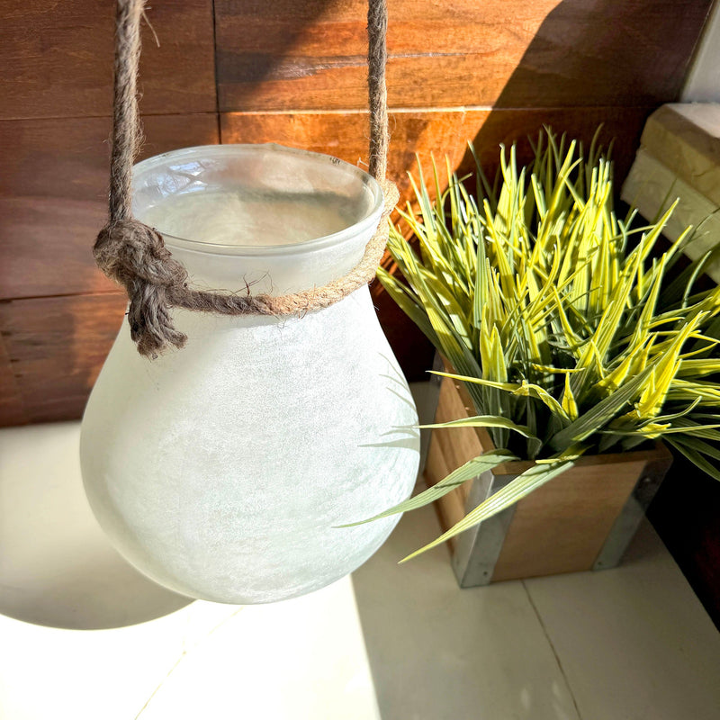 White - Image 8 - India House Frosted Glass Hanging Candle Lantern with Rope Handle, White Bulb-Shaped Decorative Candle