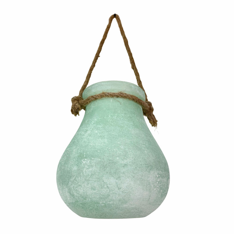 Green - Image 3 - India House Hanging Glass Lantern Decorative Vase, Frosted Green Bulb-Shaped Glass with Rope Handle, 15.75