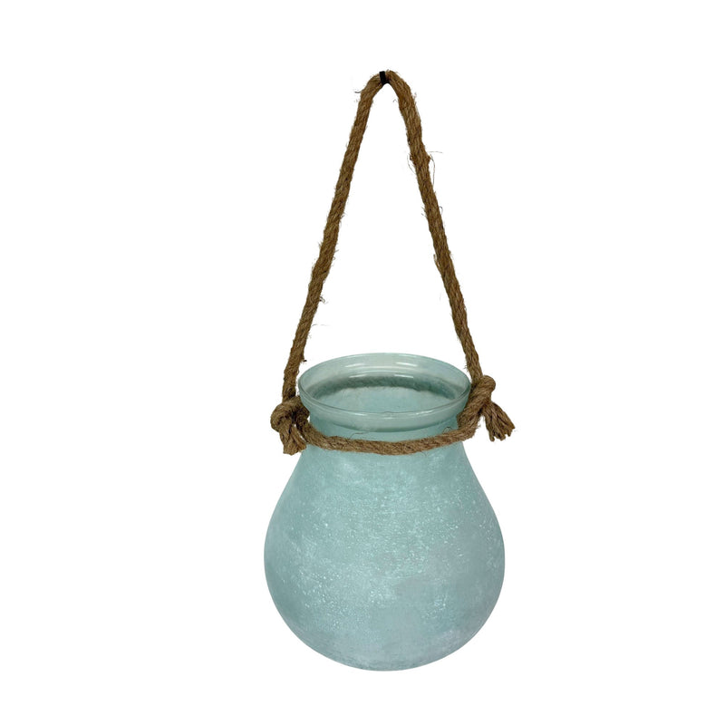 Blue - Image 1 - India House Decorative Candle Lantern, Frosted Blue Glass Hanging Lantern with Rope Handle, 15 Inches Tall X